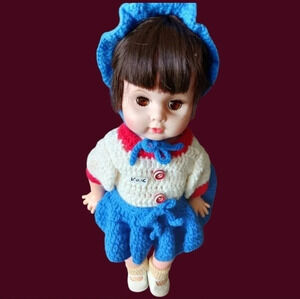 Vtg doll chrochet outfit white/ blue and red dress